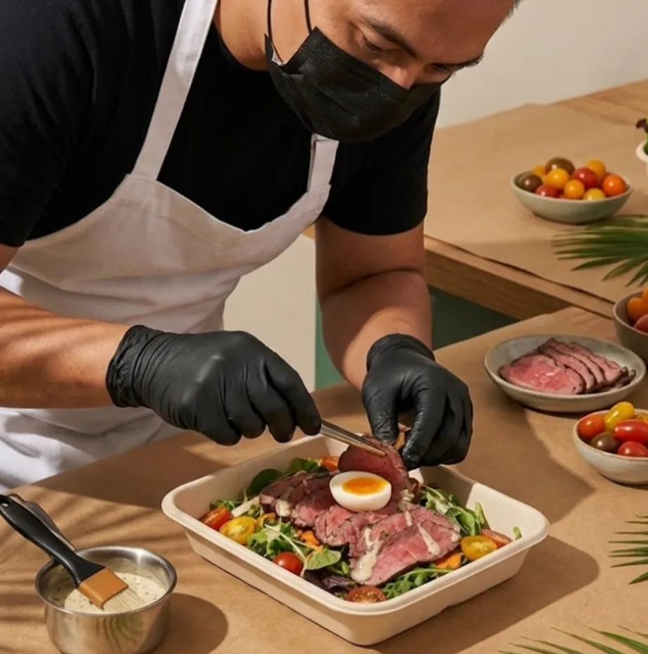 Chef plating a protein-rich meal box with seared beef, egg, fresh greens, and cherry tomatoes in biodegradable packaging